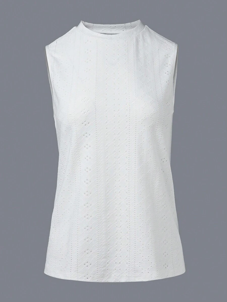 EMERY ROSE Solid Color Hollow Out Embroidery Detail Round Neck Tank Top For Summer - White - View 1