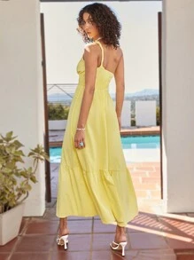 Soleia Women's Casual Vacation One Shoulder Sleeveless Jumpsuit With Ruffle Trim And Wide Leg - Yellow - View 7