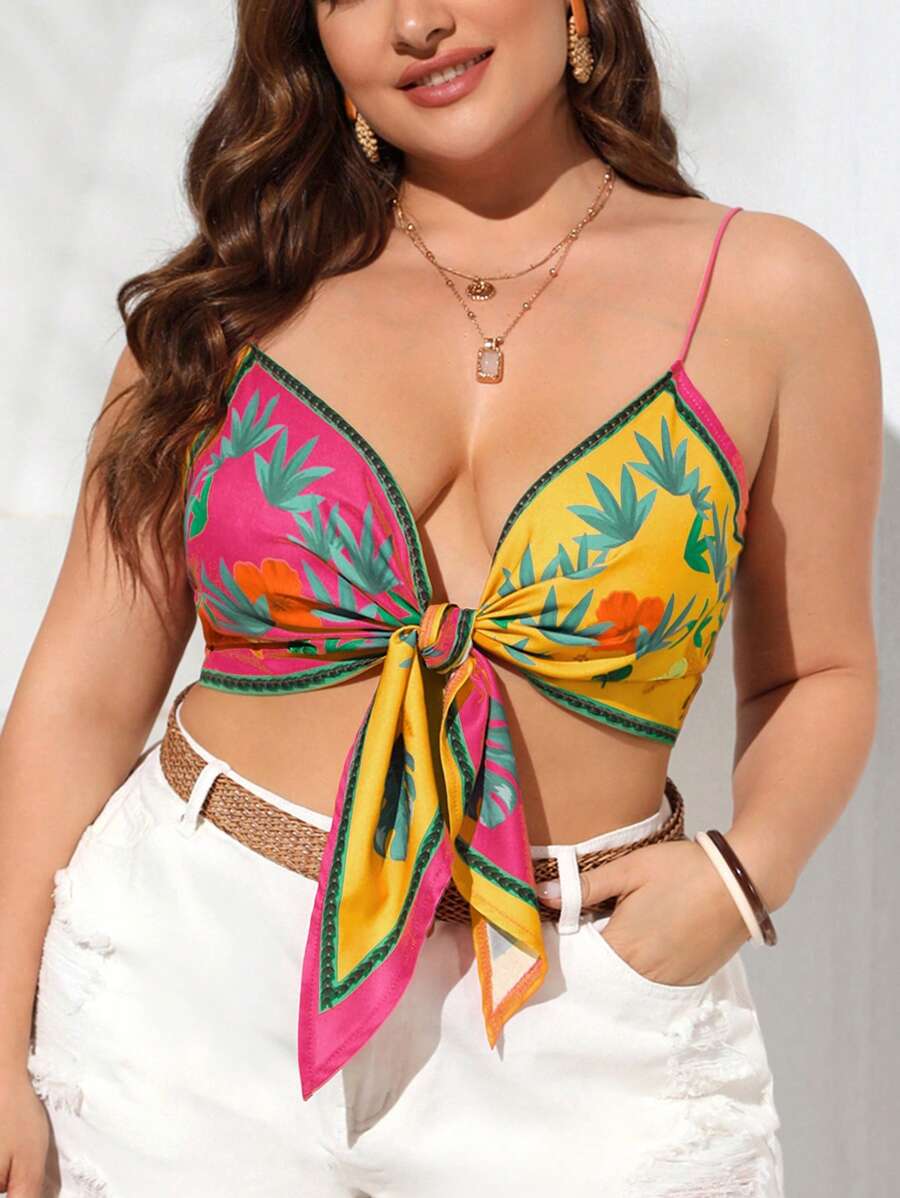 SHEIN Privé Kích thước lớn In Thực vật Tie Trước Cami ngọn Mùa Xuân Hoa Áo - Màu Hồng Tươi - Xem 1