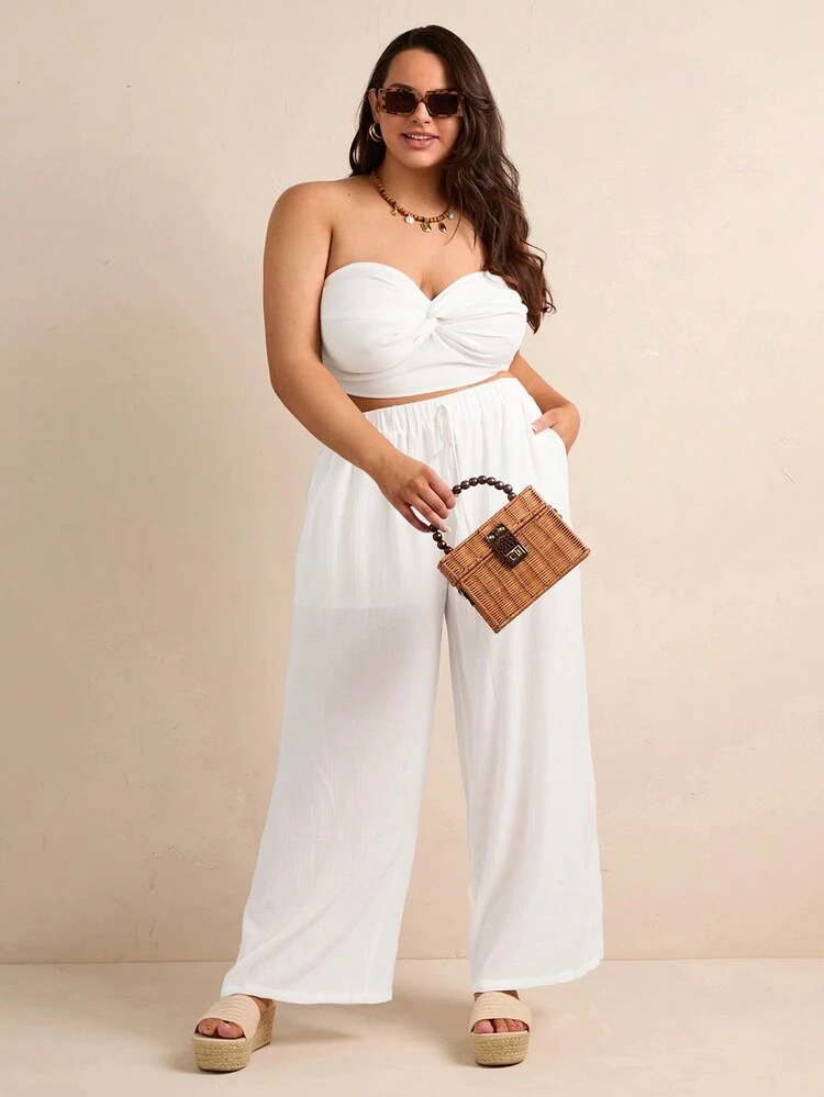 Plus Size Women's Solid Color Twist Front Crop Top And Pants Set
