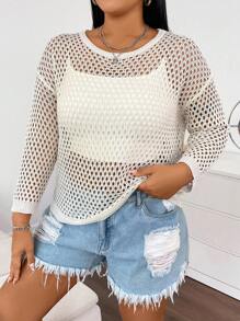 SHEIN Unity Áo choàng dệt kim rỗng màu trơn cỡ lớn mùa hè - Màu be - Xem 4