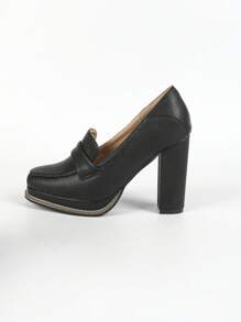 Women's Wooden Grain Platform High Heel Closed Toe Work Pumps,Elegant,Loafers - Black - View 9