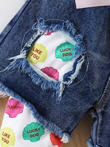 Baby Girl Fashionable Shimmering Letter Print Short Sleeve Top And Color Block Jeans With Distressed Design, Casual And Versatile