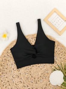 SHEIN Swim 女士纯色扭纹镂空比基尼上衣，适合游泳、度假、夏季海滩穿着 - 黑色 - 查看 5