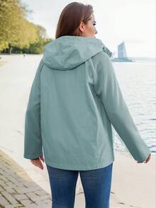 Hooded Jacket With Zipper Closure, Drawstring And Patchwork Fabric - Blue - View 2