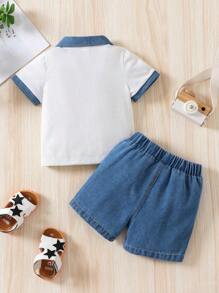 Outfit Primavera/estate Per Bambino 2 Pezzi, Top A Mezza Placket A Bottoni Contrastanti A Maniche Corte E Pantaloncini In Denim Con Elastico In Vita