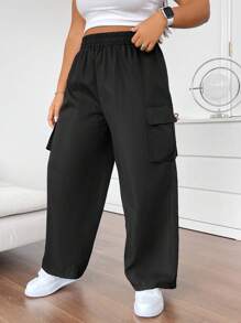 Flirla Plus Size Elastic Waist Flip Cover Pocket Casual Straight Pants Fall Cloth For Women - Black - View 5