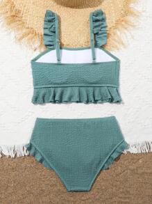 特殊面料和褶邊設計的TWEEN女孩單肩荷葉比基尼 - 軍綠色 - 查看 2