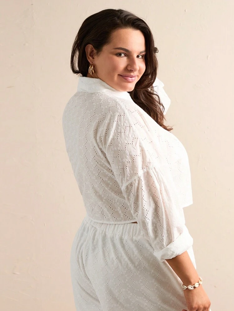 Plus Size Solid Color Hollow Out Embroidered Drop Shoulder Cropped Shirt