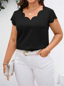 Reflora 加大尺碼純色海貝邊裝飾短袖襯衫 - 黑色 - 查看 1