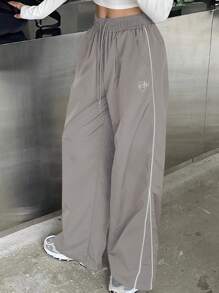 DAZY 女士對比邊飾鬆緊腰寬腿褲 - 淺灰色 - 查看 4