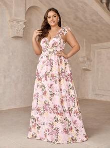 SHEIN Belle Plus Size Women's Thistle Romantic Ruffle & Floral Print Embellished Rope Romantic Sweet Bridesmaid Dress Wedding Formal Dress - Multicolor - View 7