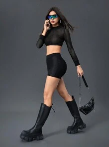 Sport Innovista Breathable Mesh Solid Color Hollow Out Sports Crop Top And Spandex Shorts,Women Set Sports Set 2pics,Workout Gym Biker & Secy Daily Matching Black Sets,Biker Shorts,Workout Tops,Workout Set,Tracksuit,High Waisted Shorts