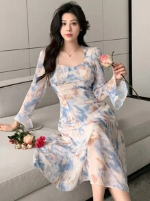 DAZY 甜心领口收腰喇叭袖连衣裙、荷叶边、秋季连衣裙 - 彩色 - 查看 3