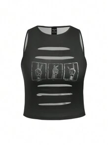 Warp Atelie Artist Round Neck Short Cut Slim-Fit Plus Size Women's Tank Top With Gesture Print, For Holiday, Vacation, Spring, Beach, Going Out, Festival, Ibiza Fits