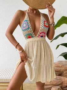 Breezaya Vestido bohemio de parche de cuello en V de longitud media con estampado floral multicolor tejido a mano, para vacaciones y sesión de fotos