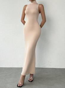 SHEIN Privé Quý cô Đơn giản Cái cổ Đuôi cá Hem Đầm - Màu Khaki - Xem 4