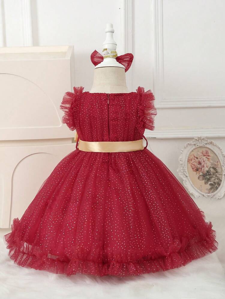 Baby Girl Beaded Mesh Tulle Fluffy Elegant Dress For Birthday Party, Evening, Wedding, Baptism, 1st Birthday, Etc.