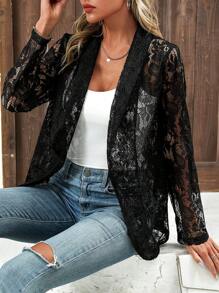 EMERY ROSE Màu thuần Ren mỏng Lỏng lẻo phù hợp Vòng cổ Viễn cảnh Áo khoác - màu đen - Xem 3