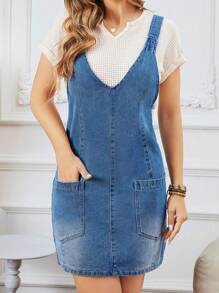 SHEIN LUNE Denim Dress With Double Front Pockets - Light Wash - View 1