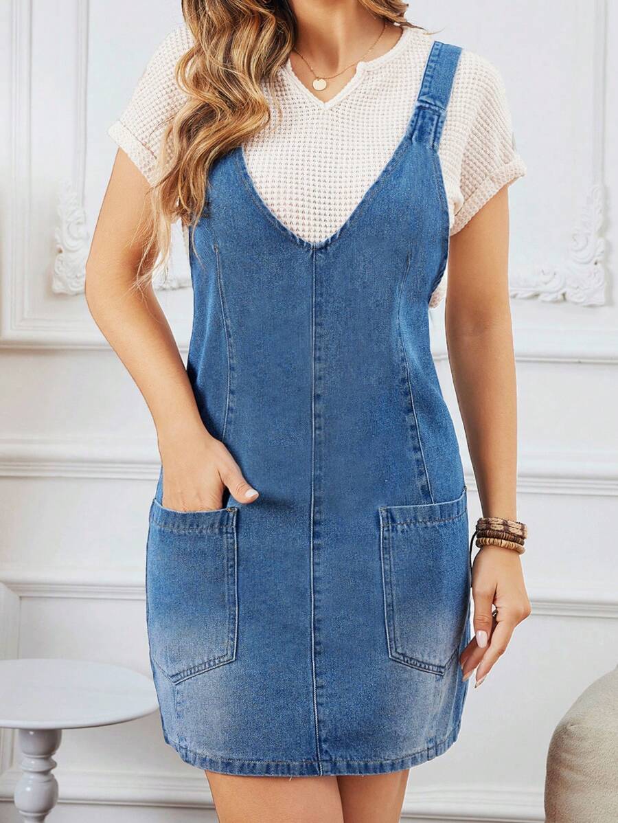 SHEIN LUNE Denim Dress With Double Front Pockets - Light Wash - View 1