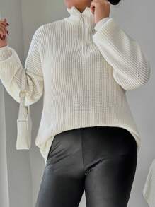 EURMUSE Plus Half Zip Drop Shoulder Sweater - Apricot - View 5