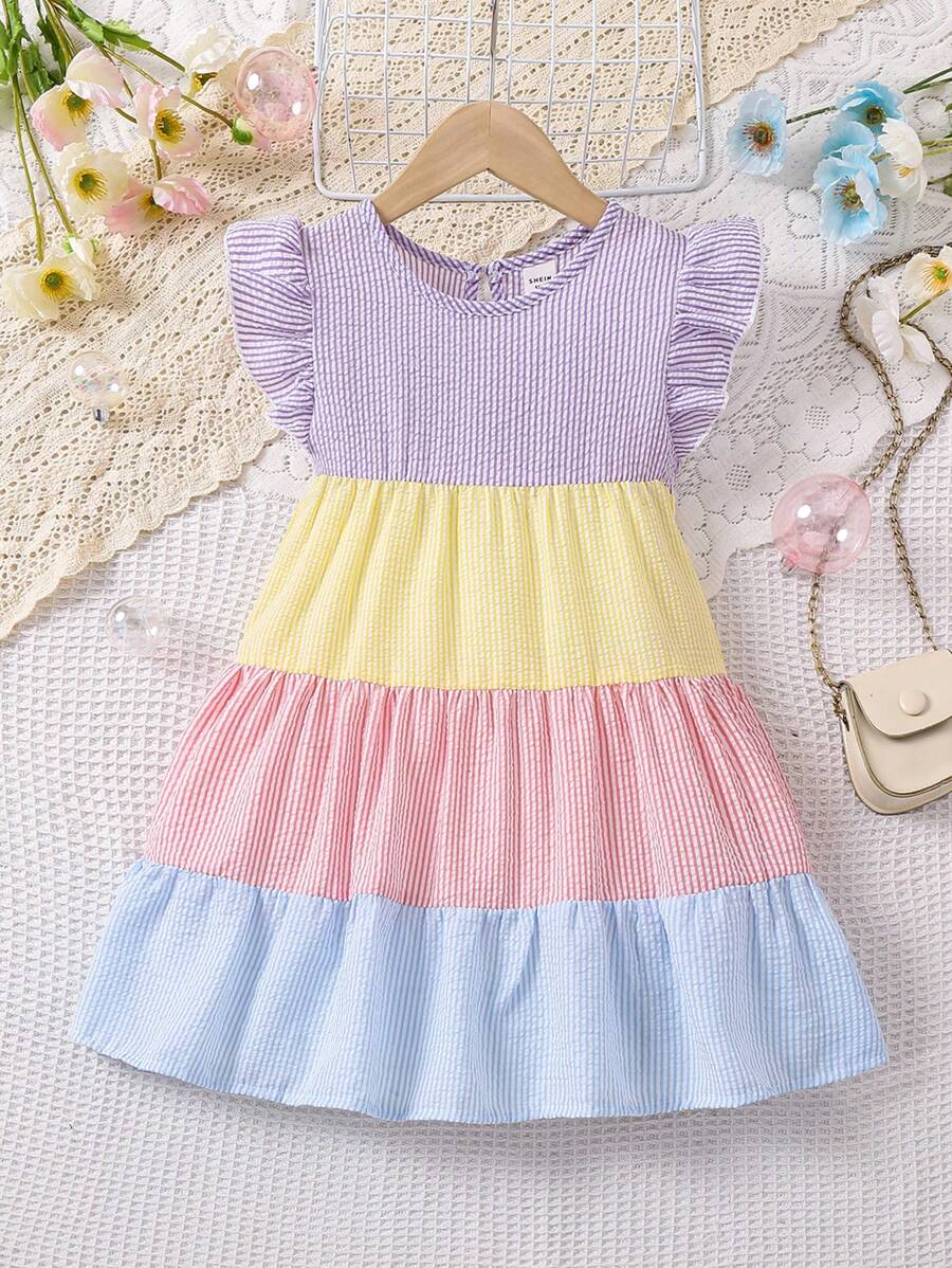 SHEIN Vintaside Kids Young Girls' Striped Color Block Ruffle Trimmed Dress With Decorative Bow - Multicolor - View 1