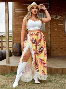 SHEIN LUNE Plus Size Music Festival Beach Fringe Patchwork Wrap Style Tiered Skirt Fall Cloth For Women - Yellow - View 2