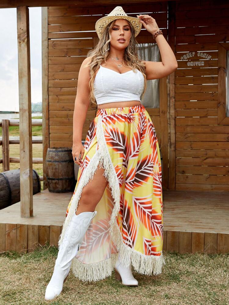 Plus Size Music Festival Beach Fringe Patchwork Wrap Style Tiered Skirt Fall Cloth For Women