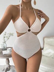 Breezaya Của phụ nữ Halter Neck In hoa Áo liền quần chặt Với Cắt ra Eo Và Buộc Thắt lưng - Màu be - Xem 1