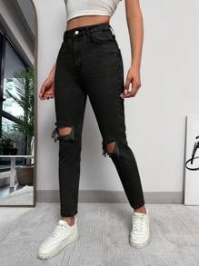 EURMUSE Ripped High Waist Skinny Jeans - Black - View 5