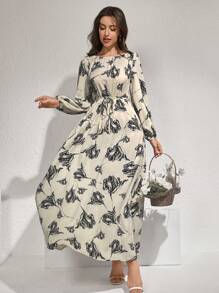 Modelyn Flower Print Belted Arabic Long Dress Long Evening Dresses - Multicolor - View 5