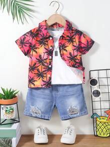 Sommeroutfits Für Babys: Hawaiianisches Kurzarmhemd Mit Knöpfen Und Palmenmuster Sowie Shorts Mit Elastischer Taille, Weitem Geradem Schnitt Und Distressed-look