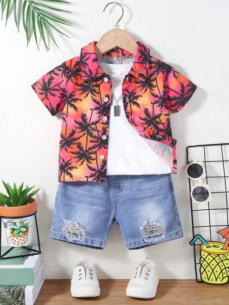 Sommeroutfits Für Babys: Hawaiianisches Kurzarmhemd Mit Knöpfen Und Palmenmuster Sowie Shorts Mit Elastischer Taille, Weitem Geradem Schnitt Und Distressed-look