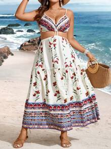 SHEIN Clasi 大尺碼花卉印花中空肩帶裙子 - 彩色 - 查看 3