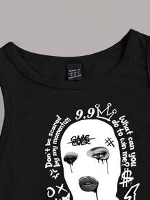 Slaydiva Top corto de ajuste ajustado con estampado de eslogan de figura enmascarada casual, adecuado para mujeres en verano - Negro - Ver 5