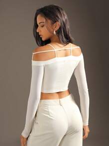 Zolique 女性性感網紗露肩短款上衣 - 米色 - 查看 2