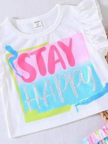 SHEIN Young Girl Cute Ruffle Trim Letter Printed Top And Skirt Set - Multicolor - View 3