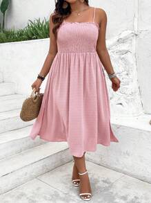 SHEIN LUNE 大尺碼純色側開叉鬆緊背心裙 - 粉色 - 查看 5