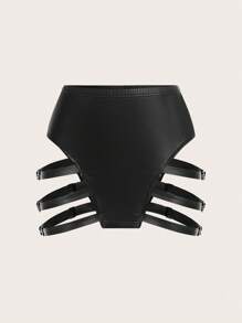 SHEIN ICON 女士低腰金屬扣空心y2k演唱會pu皮革黑色迷你短裙 - 黑色 - 查看 2