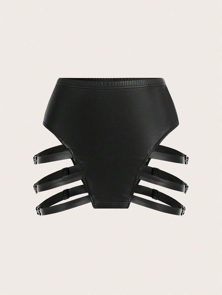 Women's Low Rise Metal Buckle Hollow Out Y2K Concert Pu Leather Black Mini Skirt