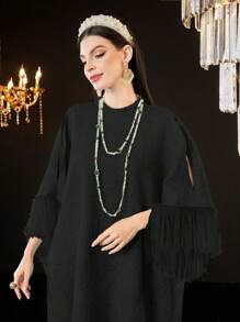 Al Najma Ladies' Solid Color Woven Jacquard Stand Collar Dress Kaftan Jalabiya Dress - Black - View 6