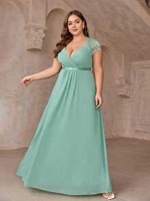 SHEIN Belle Vestido Elegante De Dama De Honor Para Mujer Con Parche De Encaje - Verde - Ver 1