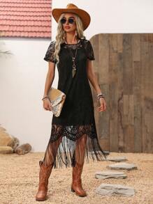 Wildy Lace Long Fringe Black Dress Western Women Attire/Country Dress,Summer Dresses For Women,Tea Party Dress - Black - View 3