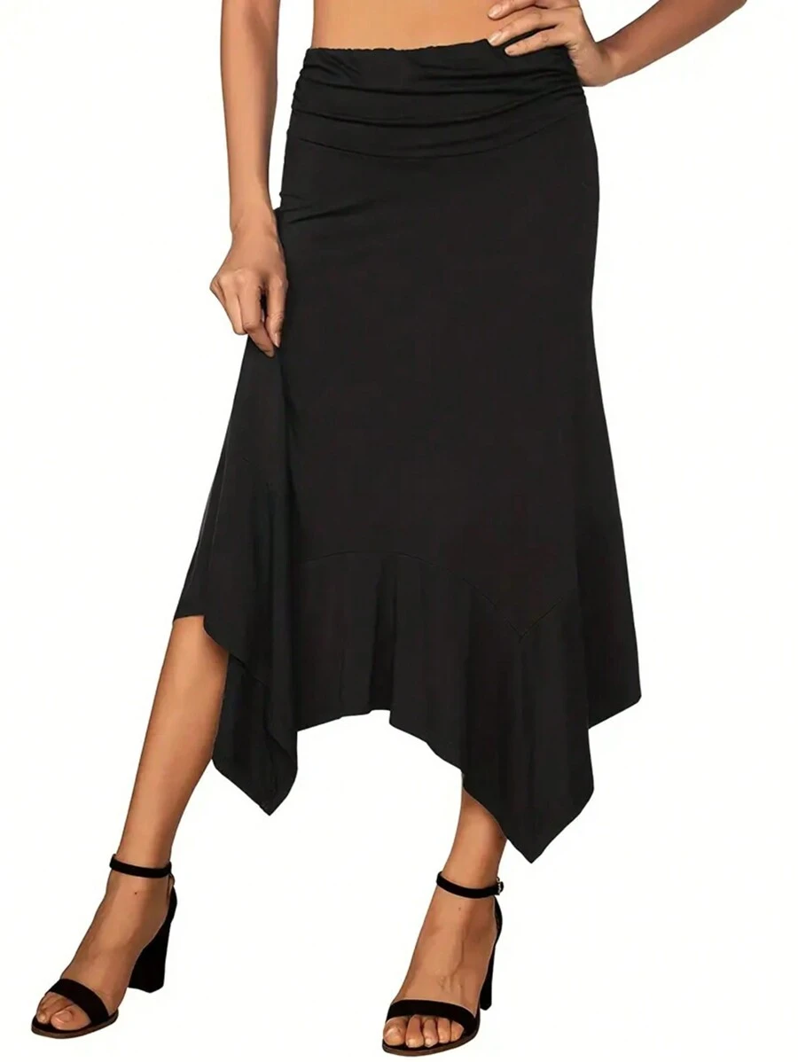 INAWLY Women's Solid Color Asymmetric Hem Skirt - Black - View 1