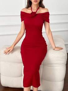 Modelyn Women's Fish Tail Off Shoulder Neck Hanging Dress, Decorated With 3d Flowers For New Year Clothes Maxi Women Outfit Long Evening Dresses - Red - View 8
