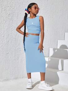 SHEIN Tween Girls Set Ruched Rib-Knit Plain Casual - Baby Blue - View 4