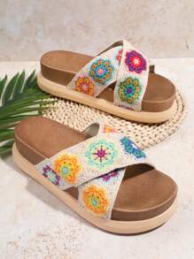 SHUZIA Women's Solid Color Wedge Heel Thick Sole Sandals With Floral Pattern