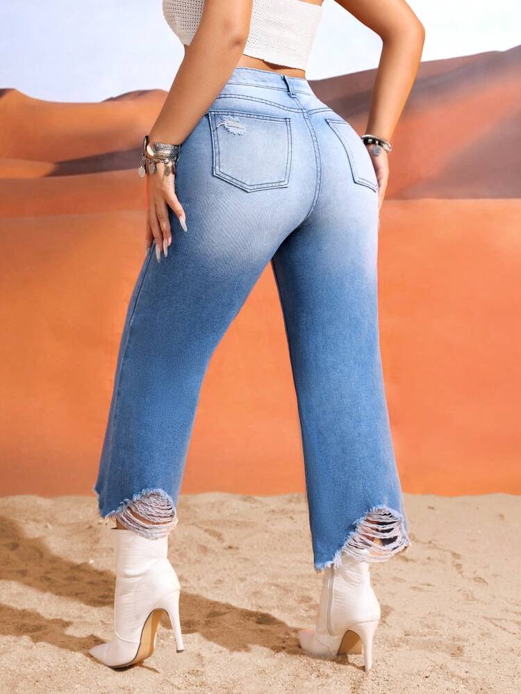 Women's Fashionable Denim Jeans With Frayed Hem