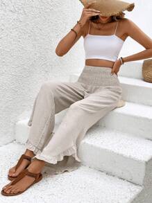 SHEIN VCAY Women's High Waist Wrap Front Wide Leg Pants - Khaki - View 3